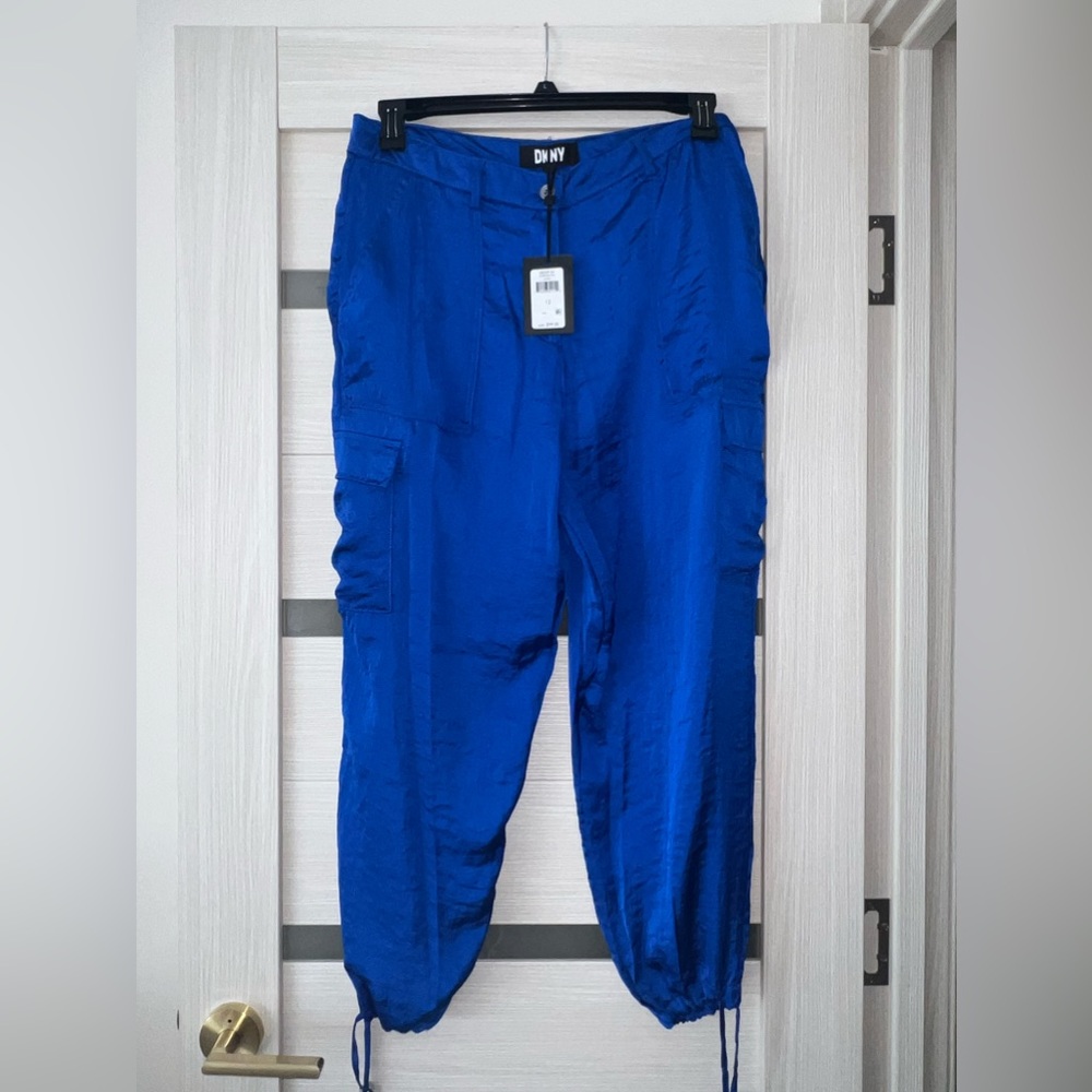 Dkny satin cargo jogger electric cobalt blue ankle toggle size 12 new with tags